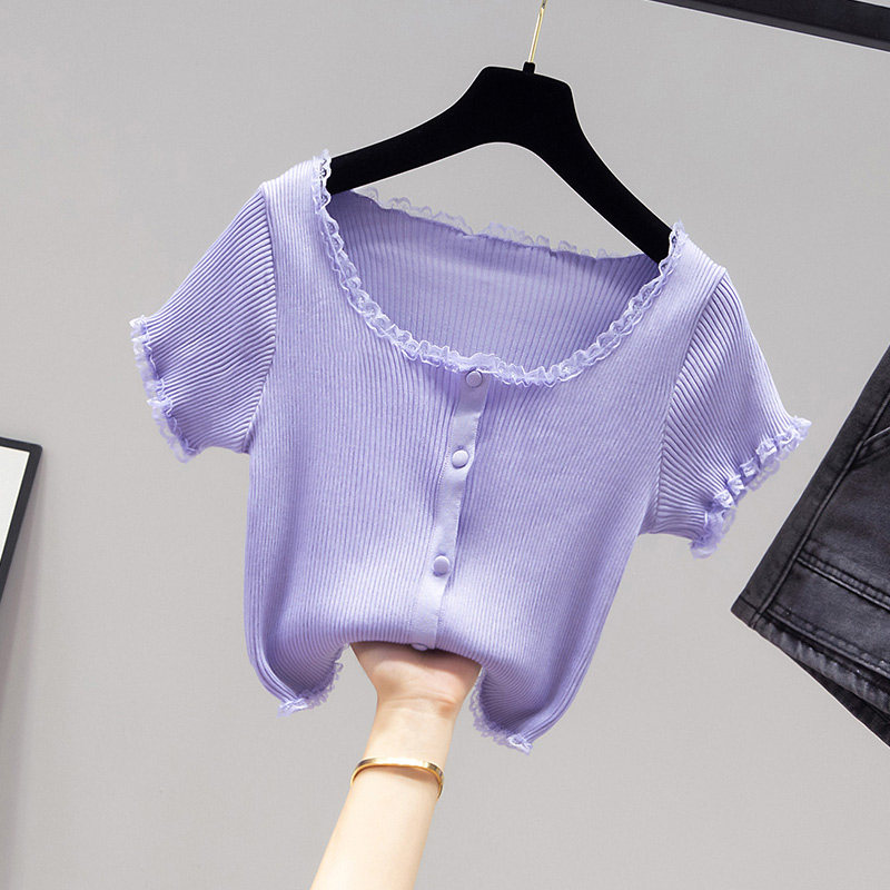 夏季冰丝紫色短袖T恤女装2020年新款针织衫薄款短款蕾丝方领上衣