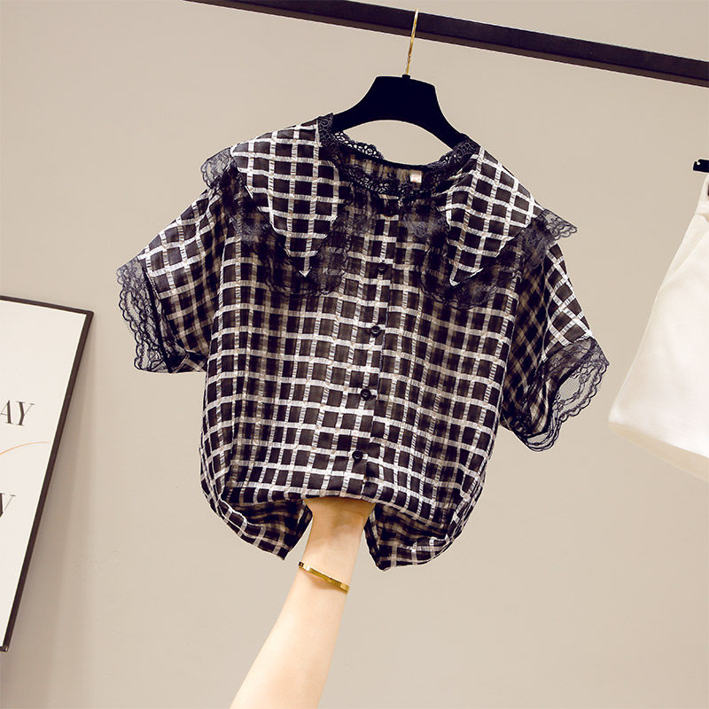 2020年新款夏季女装短袖雪纺衬衫蕾丝上衣娃娃领衬衣收腰小衫洋气