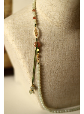 新中式晴绿天然和田玉南红项链长款毛衣链秋冬窗花925银镀金颈链