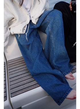 see sea o | 浅蓝抽绳牛仔裤水洗直筒宽松美式复古做旧百搭中性风