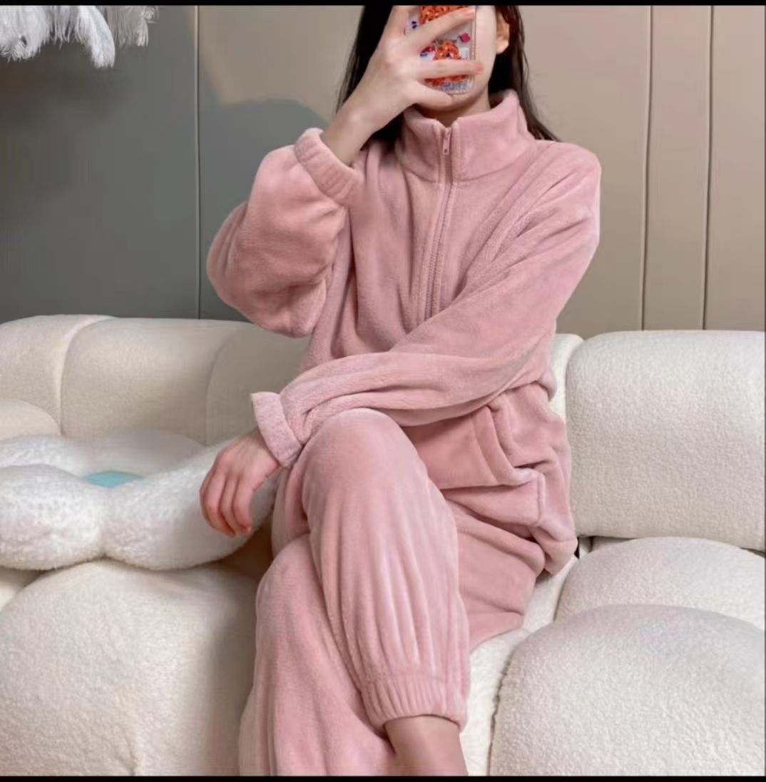 2025冬季女生毛茸茸睡衣高领全开拉链式束袖束脚法兰绒面料家居服