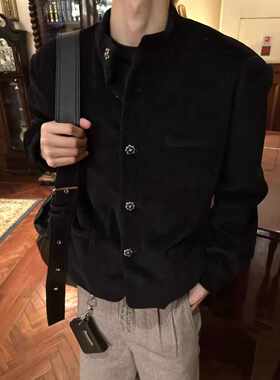 新中式黑色灯芯绒高智感优雅上衣外套男高级感百搭立领中山装夹克