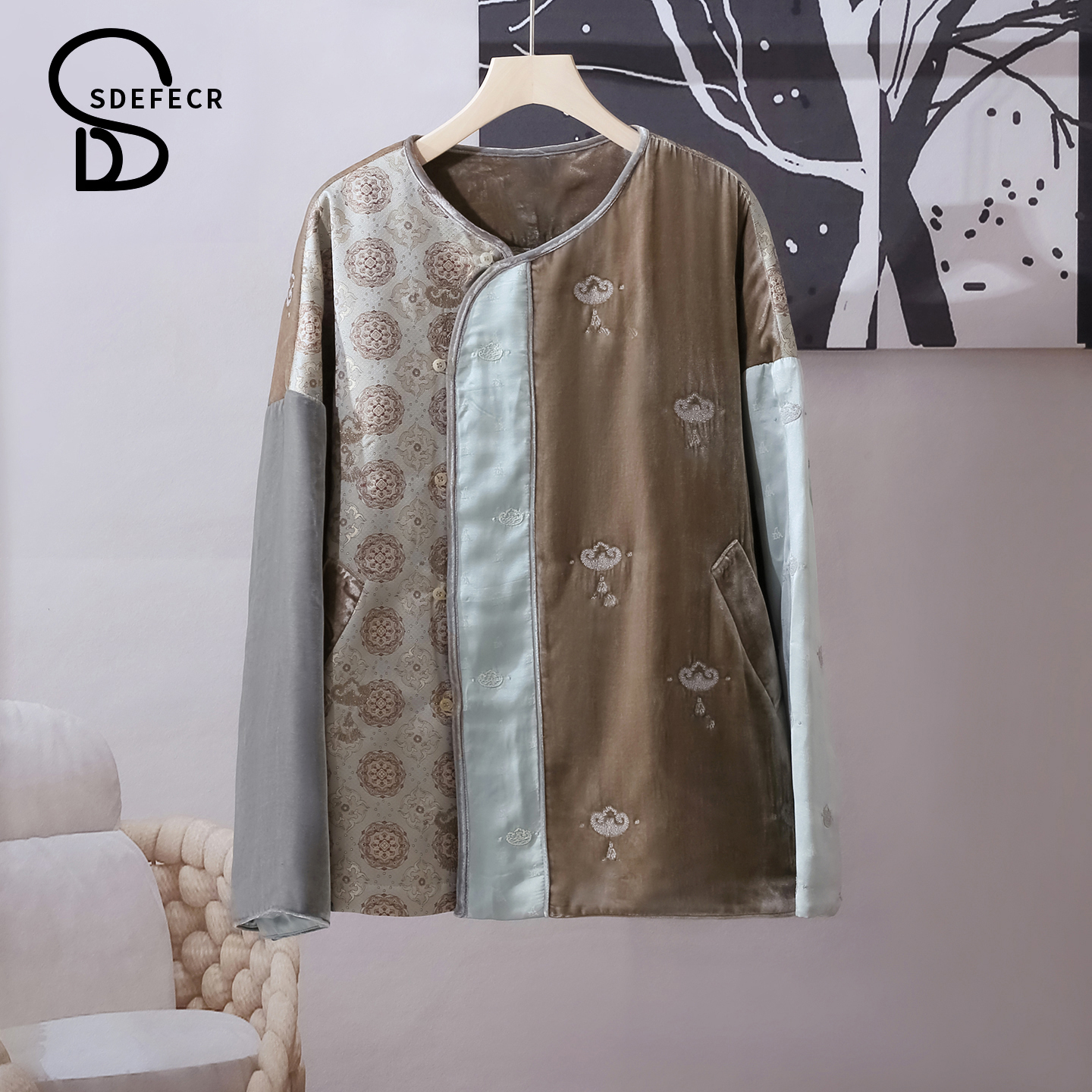 新中式撞色拼接提花棉服外套上衣