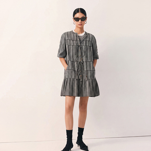 SDEFECR/格子衬衫连衣裙女中长款2026年秋新款纯棉公主袖重工裙子
