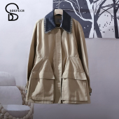 撞色拼接翻领风衣外套女宽松休闲上衣 时尚 商场同款 2025年秋新款