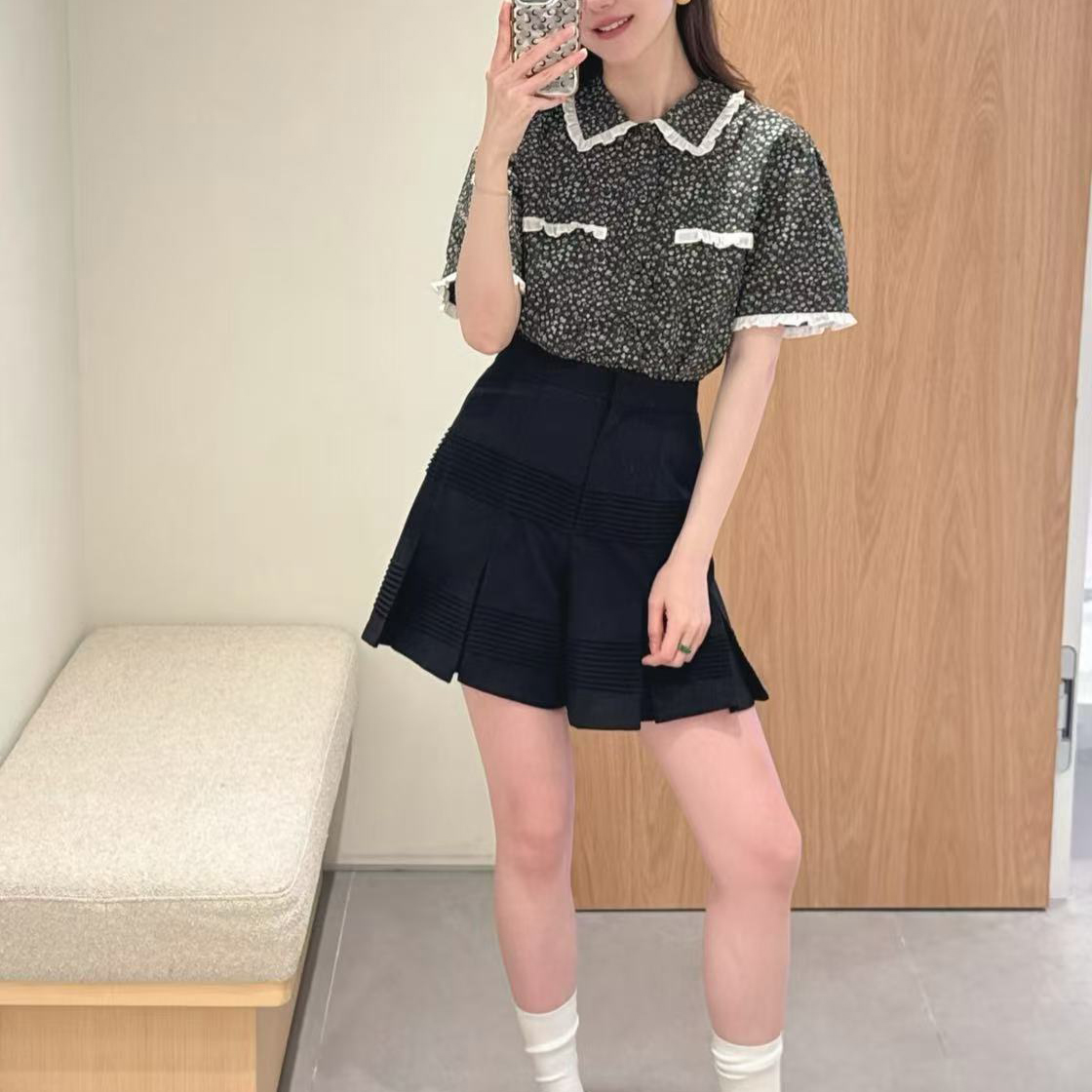 碎花单排扣Polo领衬衫上衣女短裤
