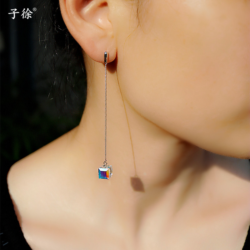 手工耳钉925纯银女士简约极光方糖耳环长款水晶方块耳吊韩国风格