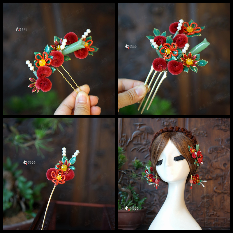 虫子家 手工珍珠绒花 潮汕龙凤褂结婚头花 中式传统新娘配饰1606a