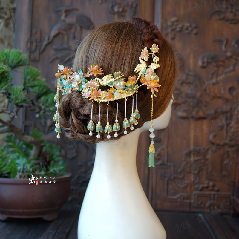 虫子家新中式新娘发簪 古风仙女粉色荷花百花簪古装设计师款1736a