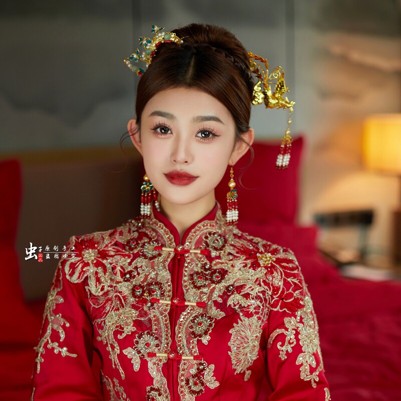 虫子家 鎏金凤凰步摇 仿点翠发簪 中式新娘头饰品 原创设计1530a