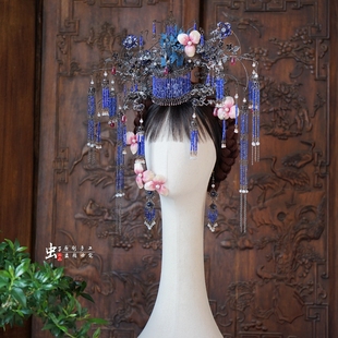 虫子家墨蓝傩戏暗黑国风复古凤冠清汉女小众新娘头饰怪诞美学3221