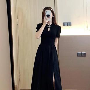 小黑裙连衣裙女 新中式 改良旗袍2024夏季 大码 黑色大摆侧面开衩短袖