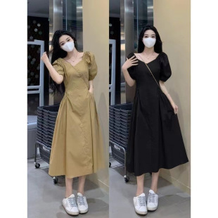 连衣裙夏季 大码 短袖 女装 微胖高级感小黑裙胖MM遮肚显瘦长裙子 法式