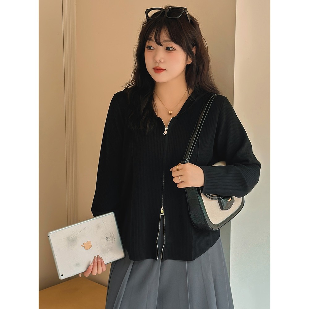 大码女装货源连帽双拉链外套上衣2025秋款胖mm宽松针织开衫21921