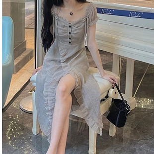 方领荷叶边开叉连衣裙女2025夏季 法式 纯欲风收腰裙子别致高级长裙