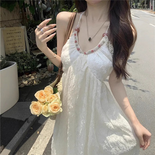 法式 甜美气质海边度假风中长裙 露背挂脖吊带连衣裙女夏季 2025新款