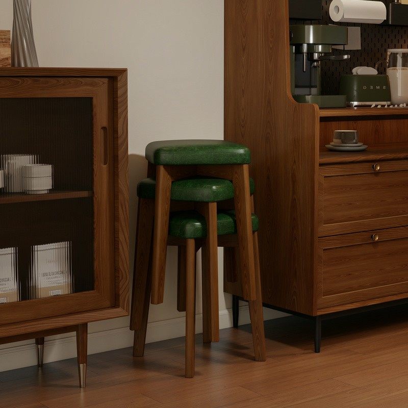 实木软包凳子可叠放家用备用方凳中古餐凳油蜡皮客厅餐厅餐桌板凳