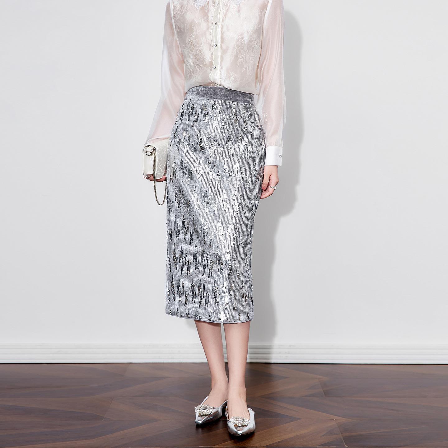 流光溢彩银色亮片半身裙女秋新款气质高腰长款包臀裙女款秋冬