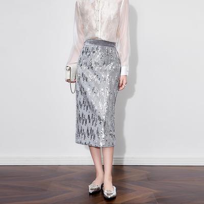 流光溢彩银色亮片半身裙女秋新款气质高腰长款包臀裙女款秋冬