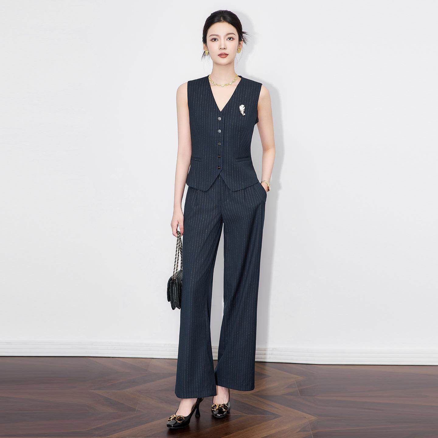 2026新款老钱风松弛时髦通勤知性西装马甲+直筒阔腿裤两件套装女