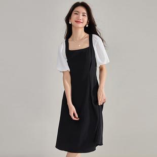 方领灯笼袖 2025新款 法式 夏季 小黑裙假两件赫本风中长连衣裙女 新款