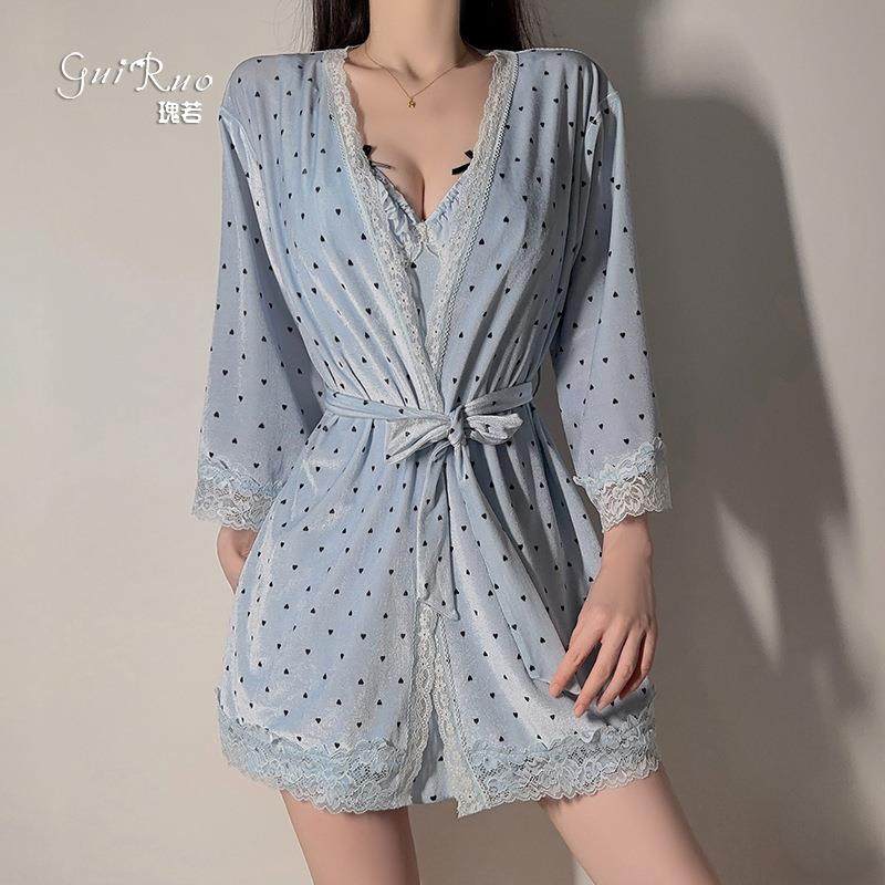 性感睡衣睡裙甜美印花加胸垫绑带收腰透视蕾丝外袍家居服套装