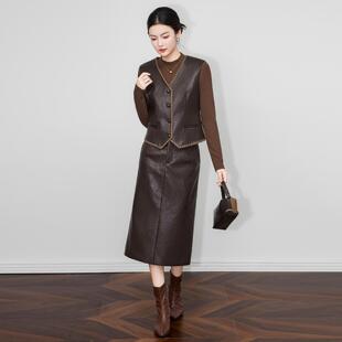 2026新款高货女装通勤摩登蛋白皮马甲外套+半身裙两件套装新