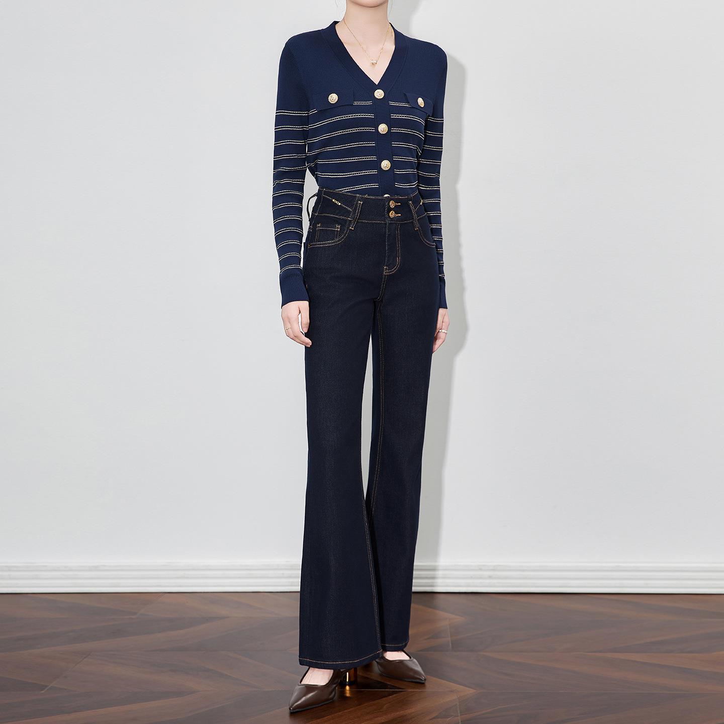 入神裤分割立裁腰头设计微喇高腰四面弹牛仔长裤显瘦女女款秋冬