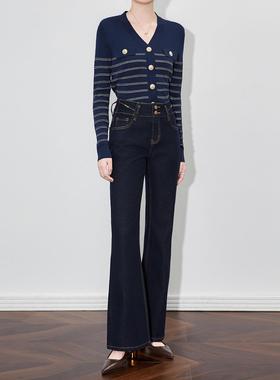 入神裤分割立裁腰头设计微喇高腰四面弹牛仔长裤显瘦女女款秋冬