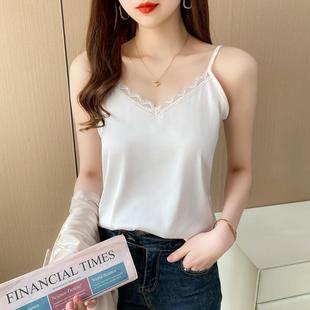 吊带背心女夏蕾丝V领外穿真丝绸缎面修身 型内搭韩版 小背心打底衫