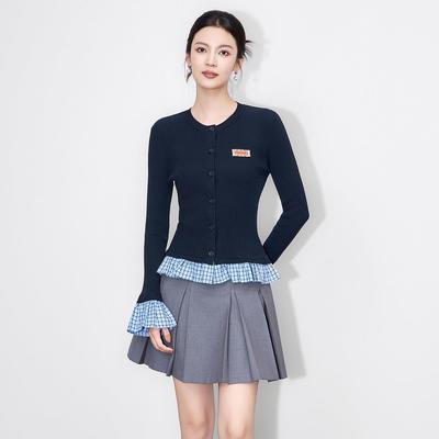 2025新款复古拼格纹花边天丝细坑条混纺针织衫女秋款气质开衫上衣