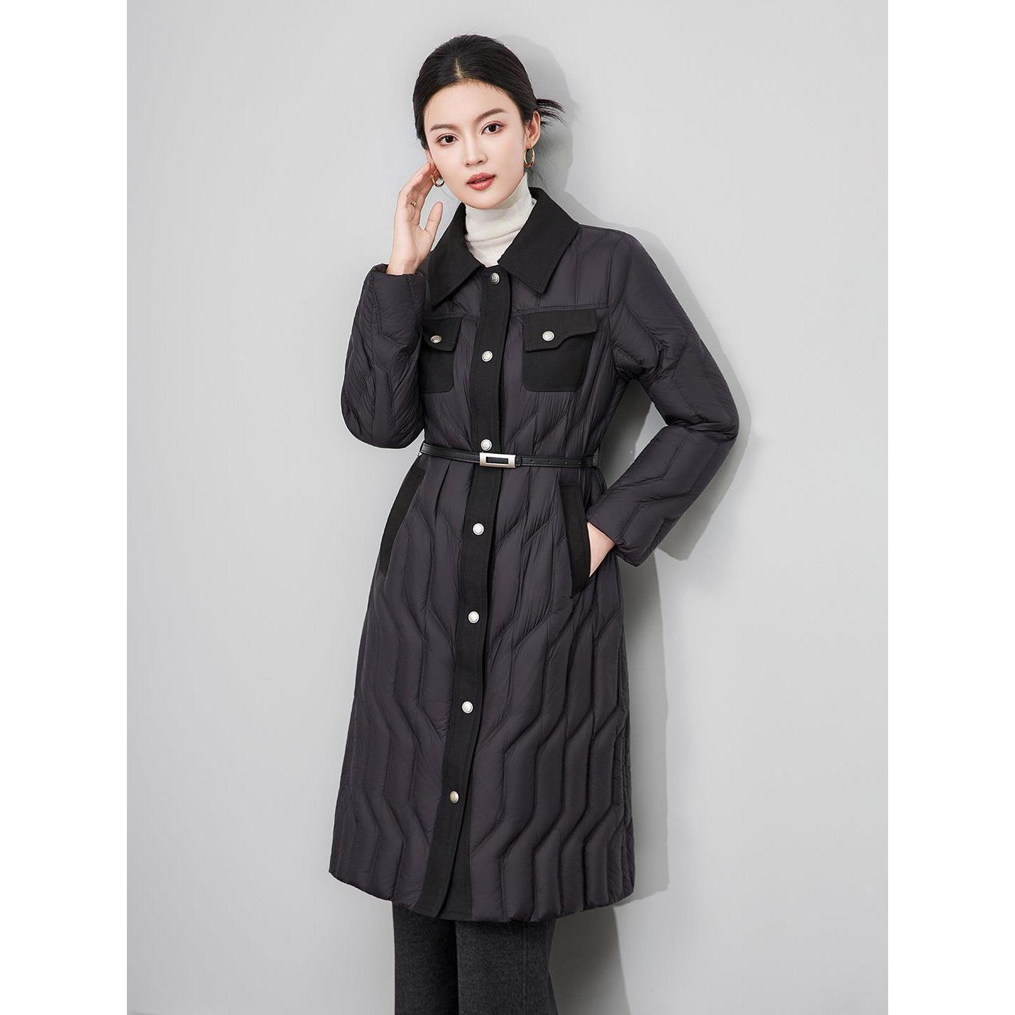 轻奢90白鹅绒修身显瘦腰带过膝长款羽绒服外套防风保暖女