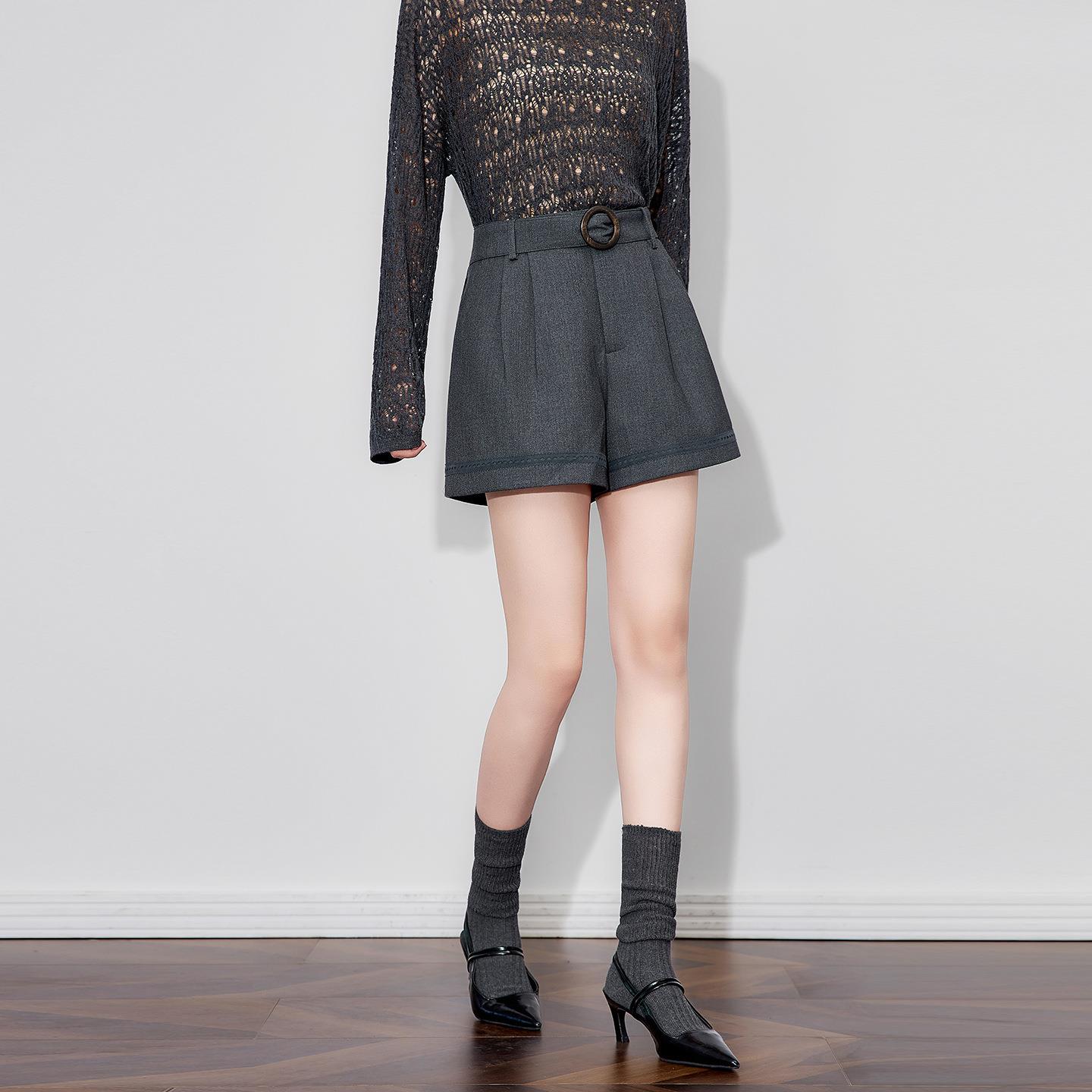 高货法式天丝羊毛混纺蕾丝拼接西裤高腰显瘦早秋新款短裤女款秋冬