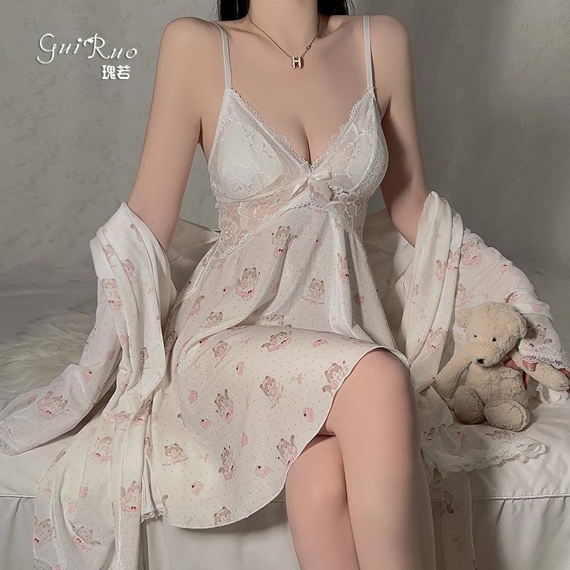 性感睡衣睡裙甜美可爱印花透视蕾丝加胸垫深诱惑外袍家居套装