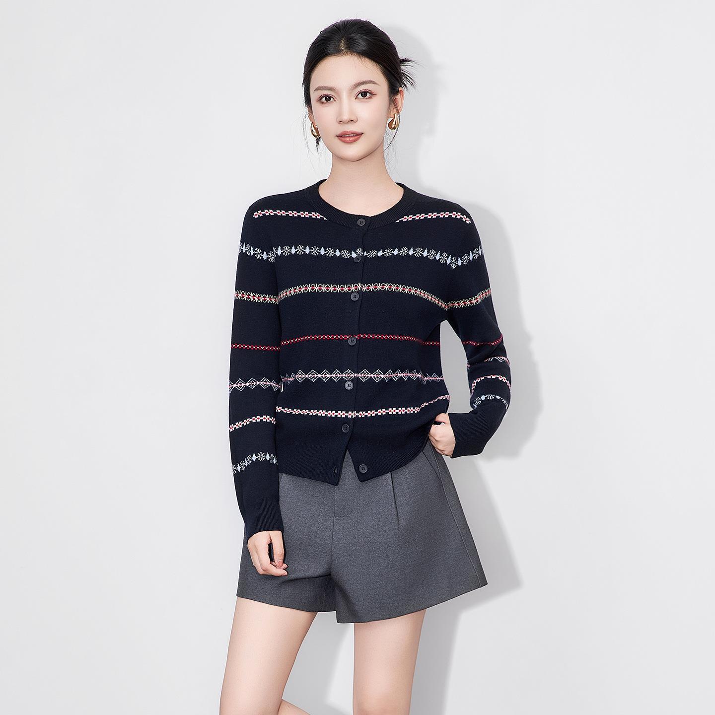 2025新款轻奢费尔岛提花针织开衫毛衣外套长袖针超细美丽诺羊毛