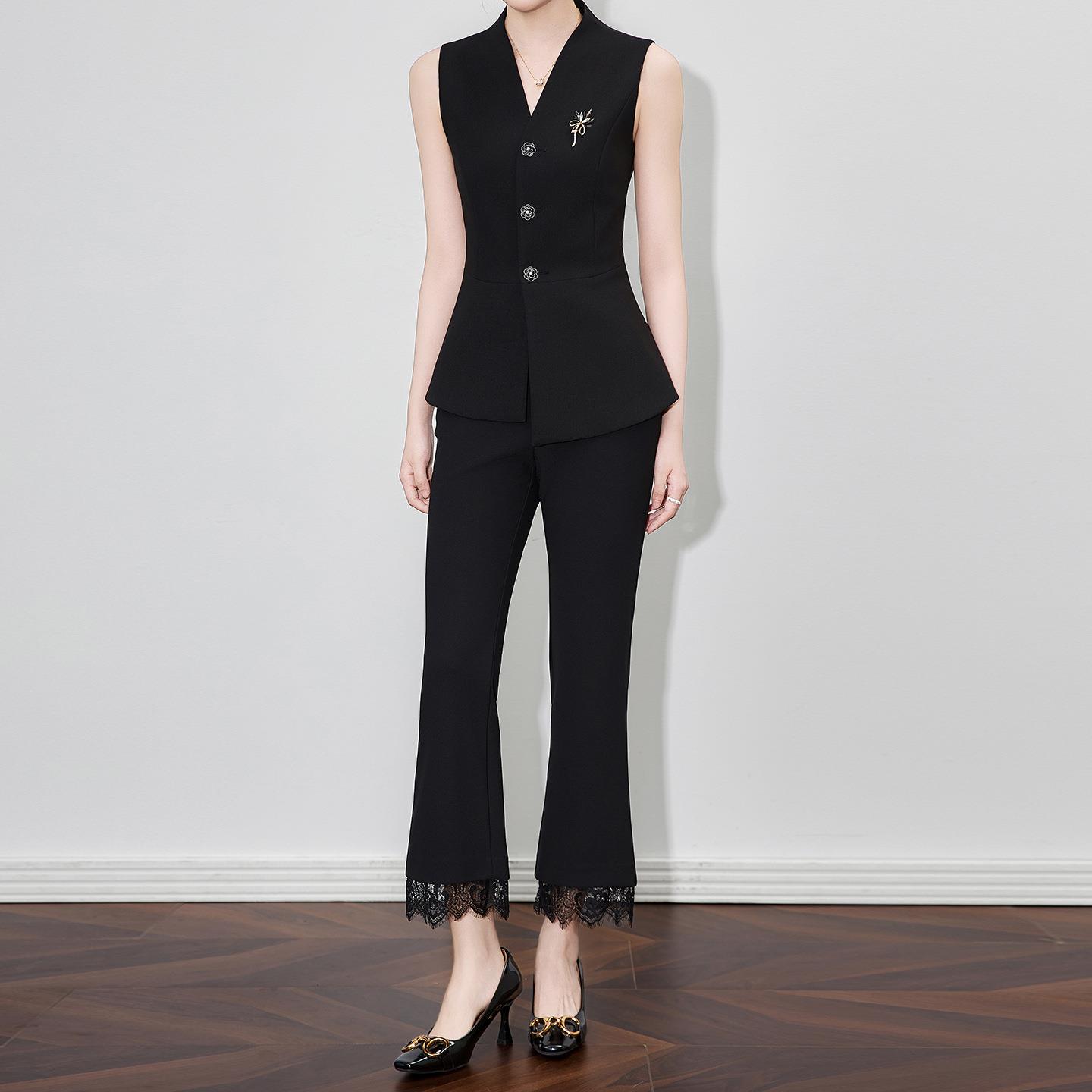 黑色微喇蕾丝边拼接九分喇叭裤通勤优雅设计感显瘦百搭新女款秋冬