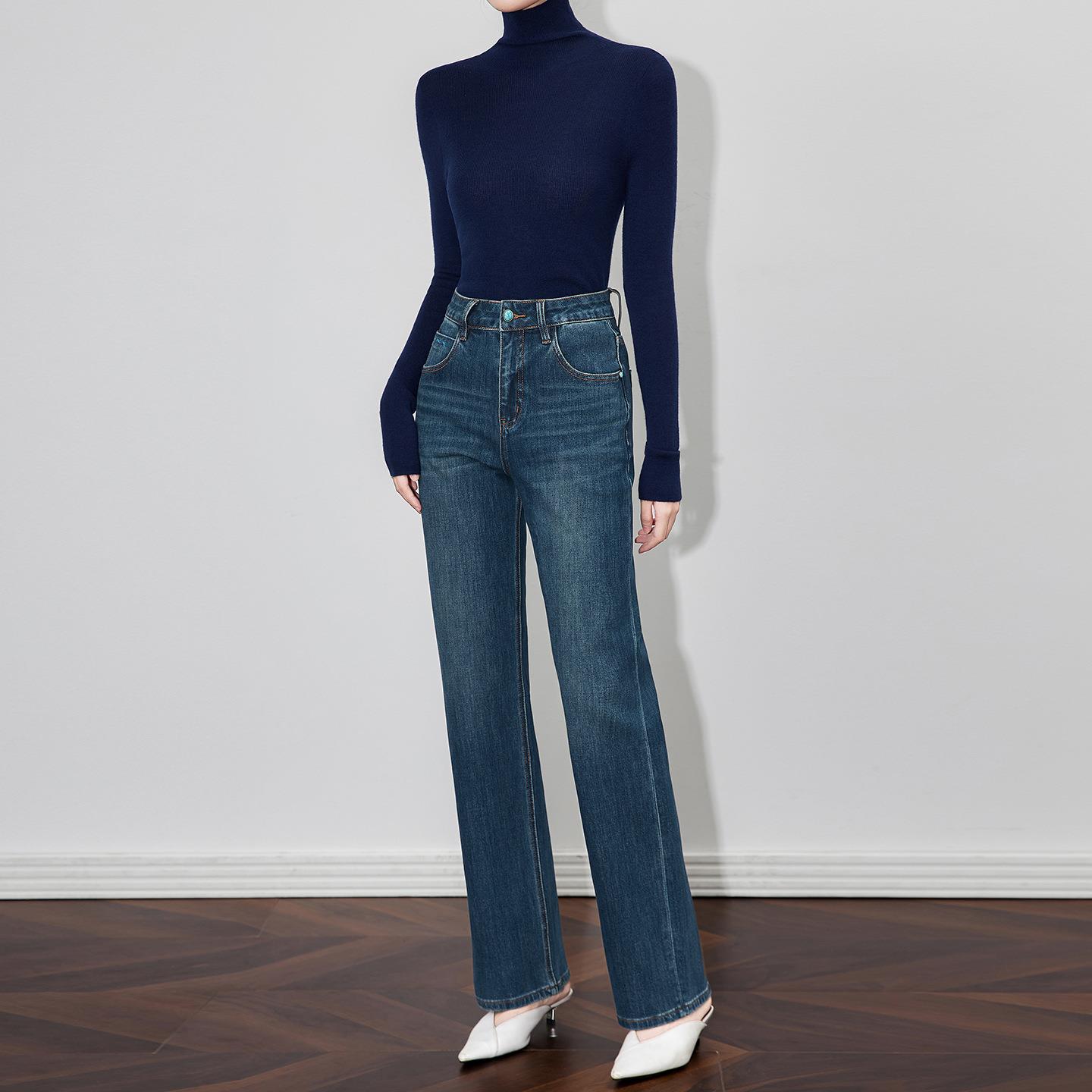 轻奢微民族风！仿绿松石扣十字绣窄版阔腿牛仔裤长裤高腰女款秋冬