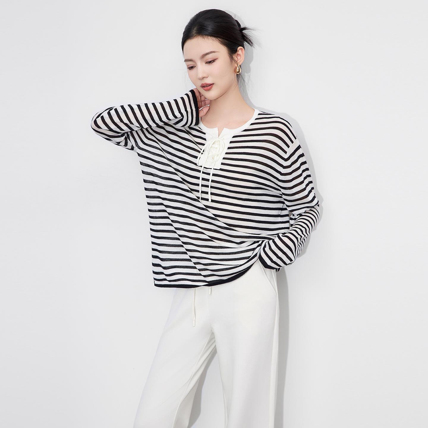 2025新款老钱风松弛条纹针织法式慵懒长袖恤上衣宽松度假海军风