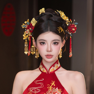 秀禾头饰金红色中式婚礼新中式新娘头饰结婚龙凤褂头饰秀禾服配饰
