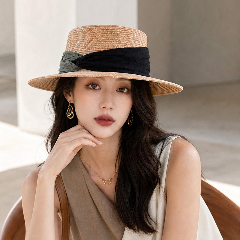 法式平顶草帽女夏海边度假老钱风