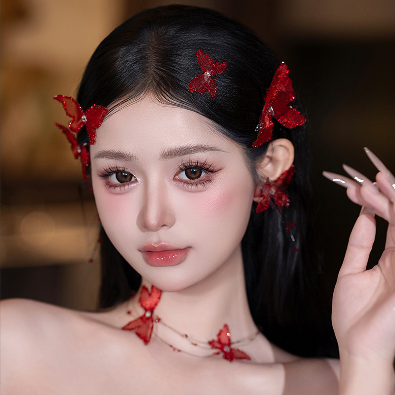 新娘头饰红色敬酒服头饰订婚高级感蝴蝶婚纱礼服配饰超仙气质甜美