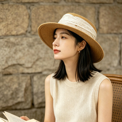 草帽帽子女款2026新款平顶法式草编度假老钱风礼帽遮阳防晒高级感
