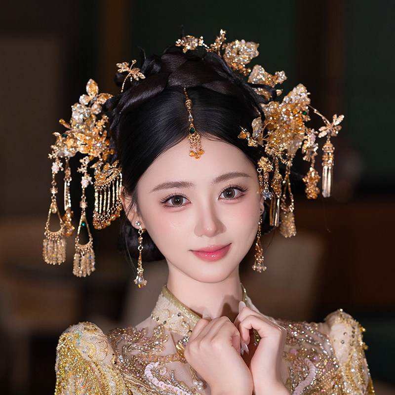 金色秀禾头饰眉心坠额饰浅色减龄婚服龙凤褂新娘饰品结婚发饰高级