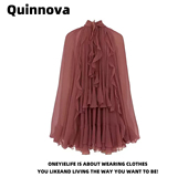 气质高级感名媛风雪纺衫 宽松中长款 荷叶边上衣女长袖 Quinnova法式