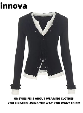 Quinnova 假两件木耳边黑白拼色开衫女春季修身薄款百搭T恤上衣潮