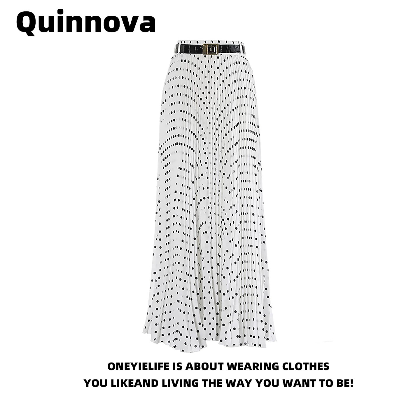 Quinnova 优雅百褶裙半身裙女春夏新款复古垂感高腰波点雪纺长裙