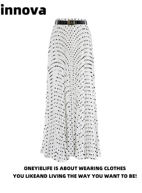 Quinnova 优雅百褶裙半身裙女春夏新款复古垂感高腰波点雪纺长裙