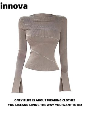 Quinnova 明星同款纯欲气质修身针织衫女春秋设计感短款长袖上衣