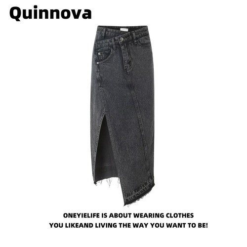 品牌折扣设计感开叉牛仔半身裙夏