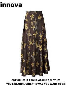 Quinnova 轻熟优雅风金鸢尾印花A字半身裙女高腰显瘦气质百搭伞裙